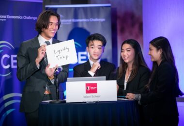 Contestant holding card at Economic Challenge